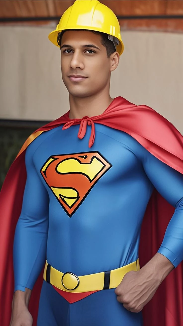 close-up, man (Will Smith, wearing a classic superman suit)