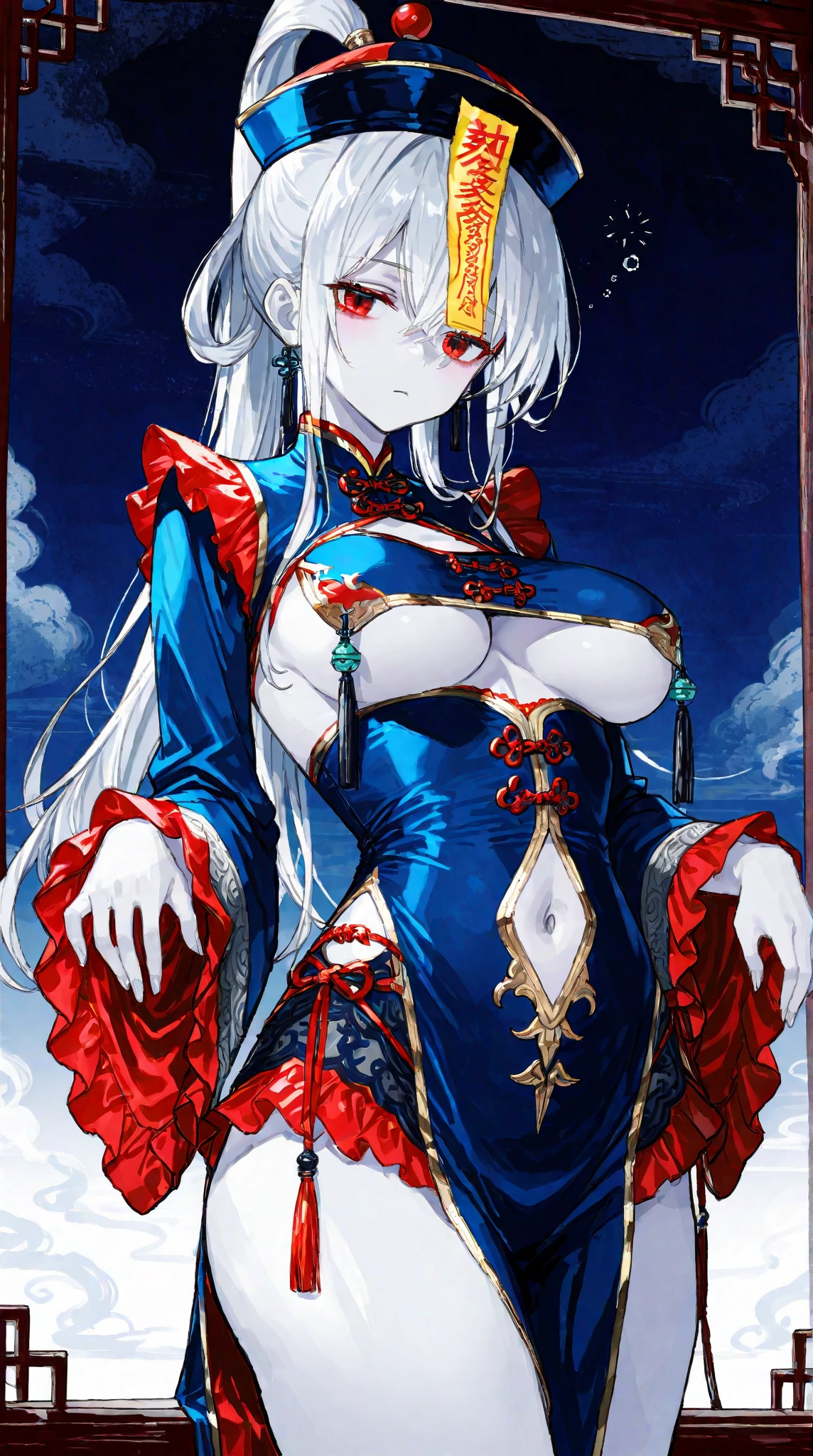 an anime character dressed in an elaborate outfit and holding a sword sitting on a stool, 1girl, solo, long hair, sitting, breasts, thighhighs, animal ears, blue eyes, white hair, covered navel, looking at viewer, rabbit ears, hair ornament, large breasts