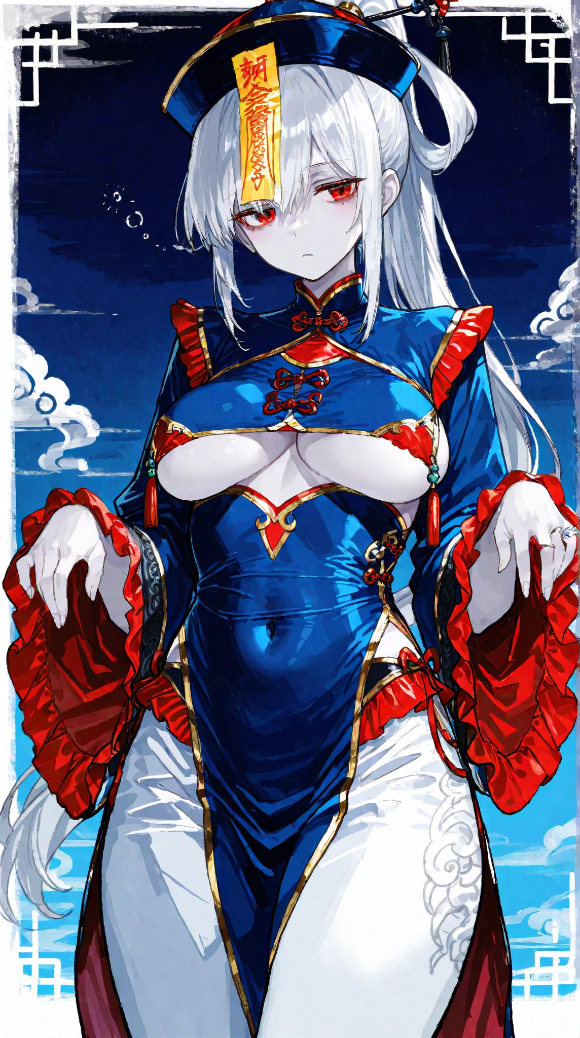 1girl,Line Art,sketch,Pencil drawing, Oil painting, traditional media,((perfect female figure)), white hair, red eyes, mature female, milf, narrow waist, chinese deity, looking at viewer, seductive posture, sexy pose, alluring, clean, beautiful face, pure face, pale skin, absurdly long hair, (huge breasts, breasts out, puffy ), shiny skin, skindentation,delicate pattern, intricate detail, (rich:1.4), (extremely detailed 8K chinese long embroidery silkrobe and silk long clothes and dress:1.2),slim body,