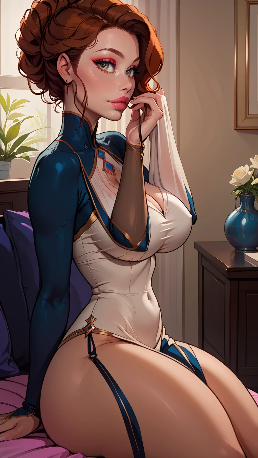 ((Masterpiece, best quality, high quality, highly detailed background)), ((chapel bedroom:1.3, medieval village window view, blue sky:1.3)), ((Nausicaa, mature female, white bridal veil:1.3, white arm gloves:1.3, white stocking:1.3, large breasts:1.3, exposed nipples:1.3, exposed breasts:1.3, nude:1.3)), ((shy, closed mouth, blushing)), ((cowboy shot, standing in front of the bed, sexy pose, (face focus), looking at viewer))