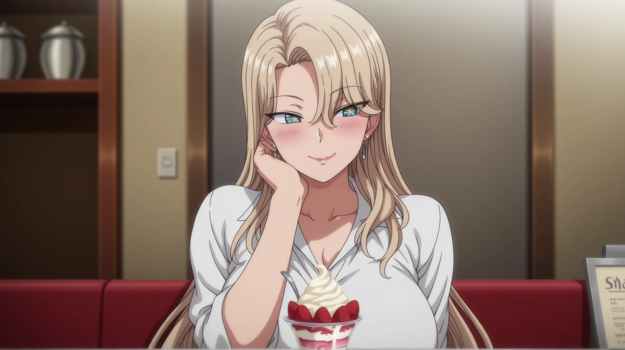 Alone, 1 girl, alone, amazing quality, mature woman, housewife, blonde hair, hair over one eye, long hair, MILF, soft light, sitting, blue eyes, anime coloring, blush, in an ice cream shop, she is tasting an ice cream on a spoon, she is incredibly happy, indoors, masterpiece, best quality, amazing quality, close-up, star-shaped pupils