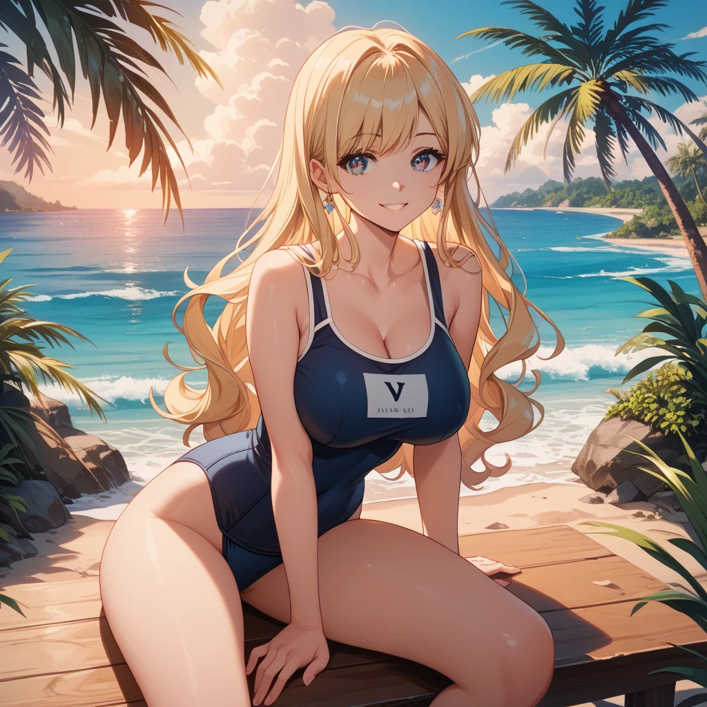 (Beauty.Beautiful, fine-grained skin.Droopy eyes.Slim body.Platinum blonde hair color.Fluffy twin tails with a center part.I can see your forehead.Dark eyeshadow.Beautiful blue eyes.Very large breasts.P cup breasts.Huge cleavage.Beautiful light pink areola.ぷっくりとしたNipples.Skin is radiant).(Very small blue micro bikini.The fabric is digging into her chest.Nipples).(1 Beauty.A beach without people.Sitting.Both legs stretched out.Supporting the upper body with both hands.Her cheeks are bright red..Smiling)Perfect Face.Accurate human body.Accurate five fingers.High resolution.It's dynamic.Whole body image