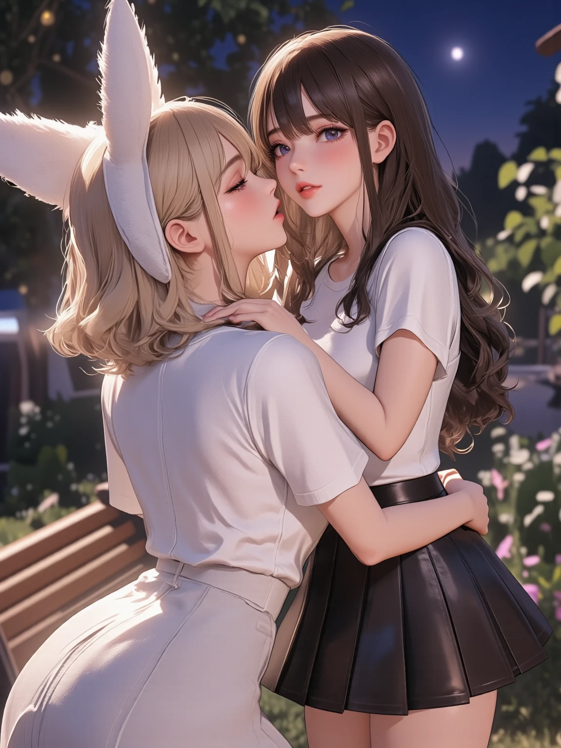 Ultra quality, masterpiece, anime, 2d, animation, Japanese style art, colorful japanese manga, 2 girls, medium blonde hair and lilac eyes, medium brown hair and brown eyes, casual clothes, skirt, t-shirt, dress, french kiss, kiss on the mouth, tongue kiss, intimate, nsfw, salivas, standing, flushed faces, closed eyes, night, dark lighting, stars, moon, bench, trees, green, grass, park