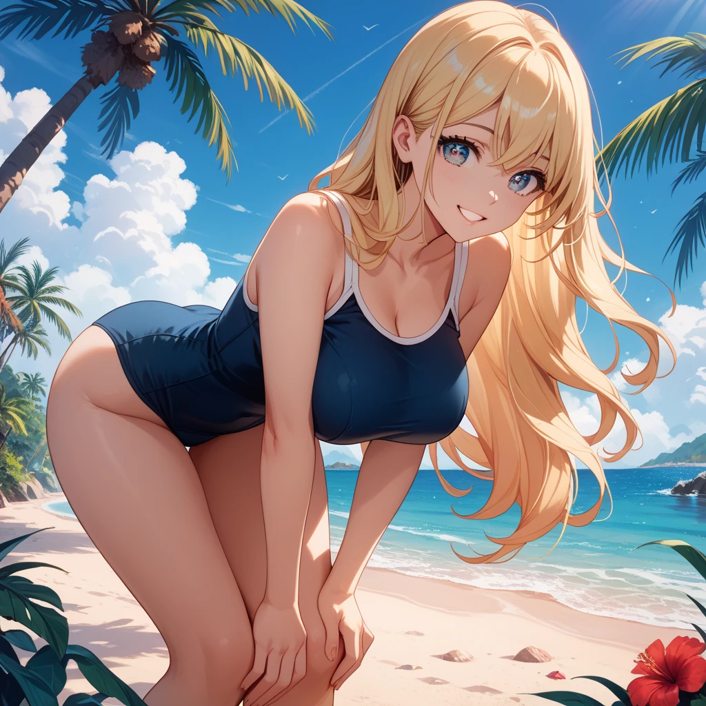 masterpiece, Rich colors, 最high quality, detailed, High resolution, 超high quality, High detail, , high quality, detailed, Skinny sexy girl on the beach , Bright lighting , Brown eyes, anime, Palm tree, Bright lighting, blonde,