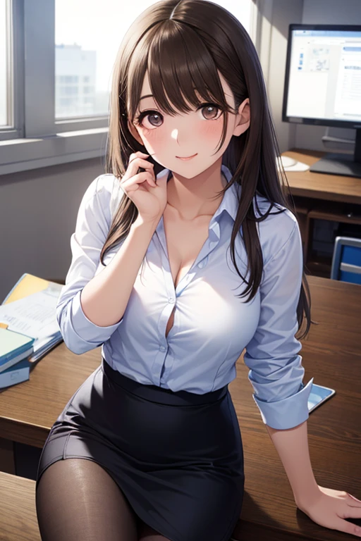 leaning forward,Upper Body, Looking up、(Put your hand over your mouth:1.5)、
Realistic, real person, (pale skin: 1.2), RAW photo, photorealistic, shiny skin, shiny hair、(A 2 woman with medium-length hair and bangs) and (wavy hair) and (brown hair) and (orange eyes) ,
(Wearing a business suit:1.5) and (Wearing a white collared shirt)、
(Cleavage:1.5)、(blush:1.5),smile,The background is the conference room、(alone:1.5)