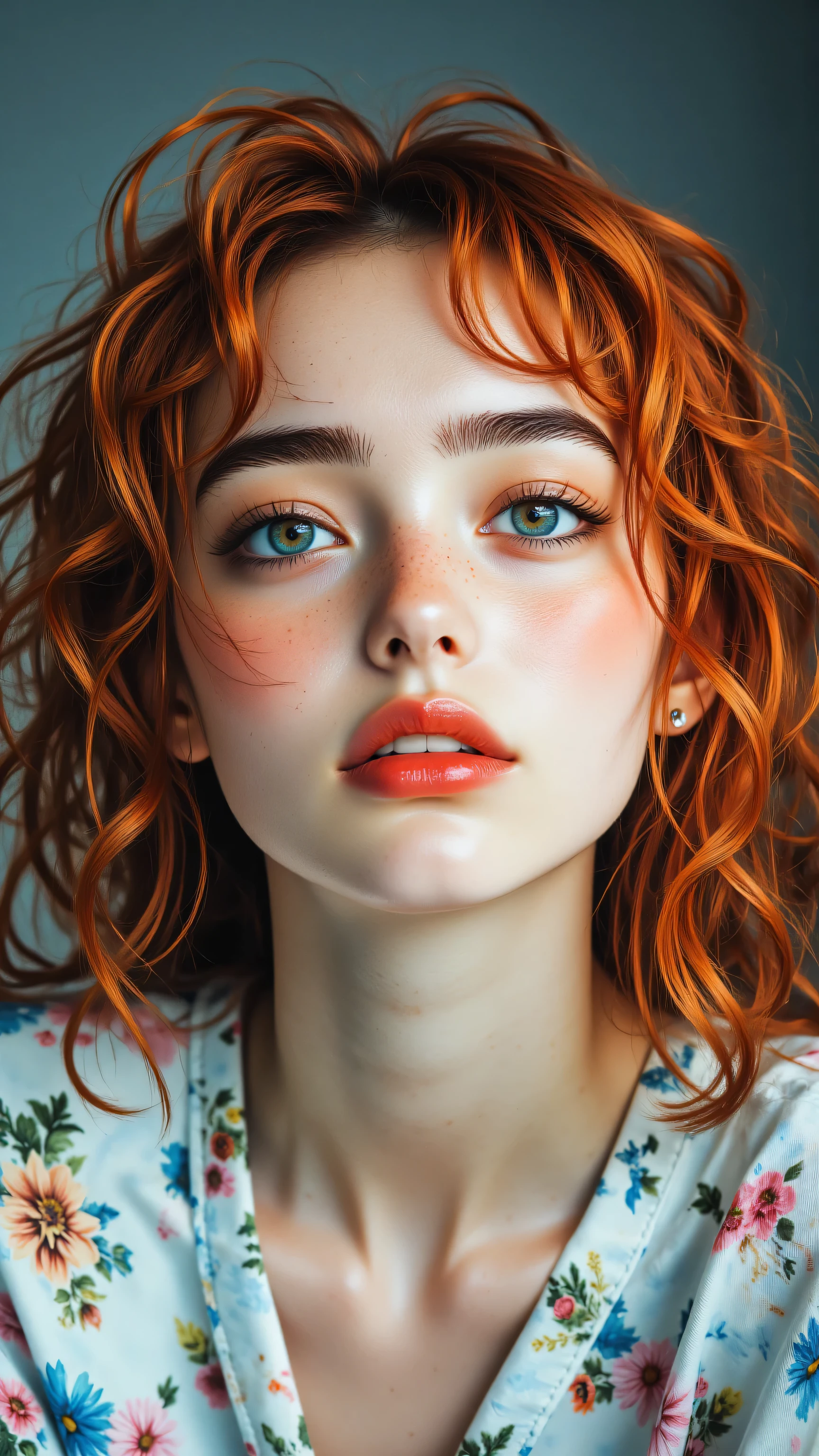 8k, Masterpiece, Top Quality, woman, upper body shot, vibrant red hair, elaborate vintage hairstyle, curls, vibrant red lipstick, light colored eyes, light eye makeup, small stud earring, light blue floral shirt, collar shirt, muted blue background, soft lighting.