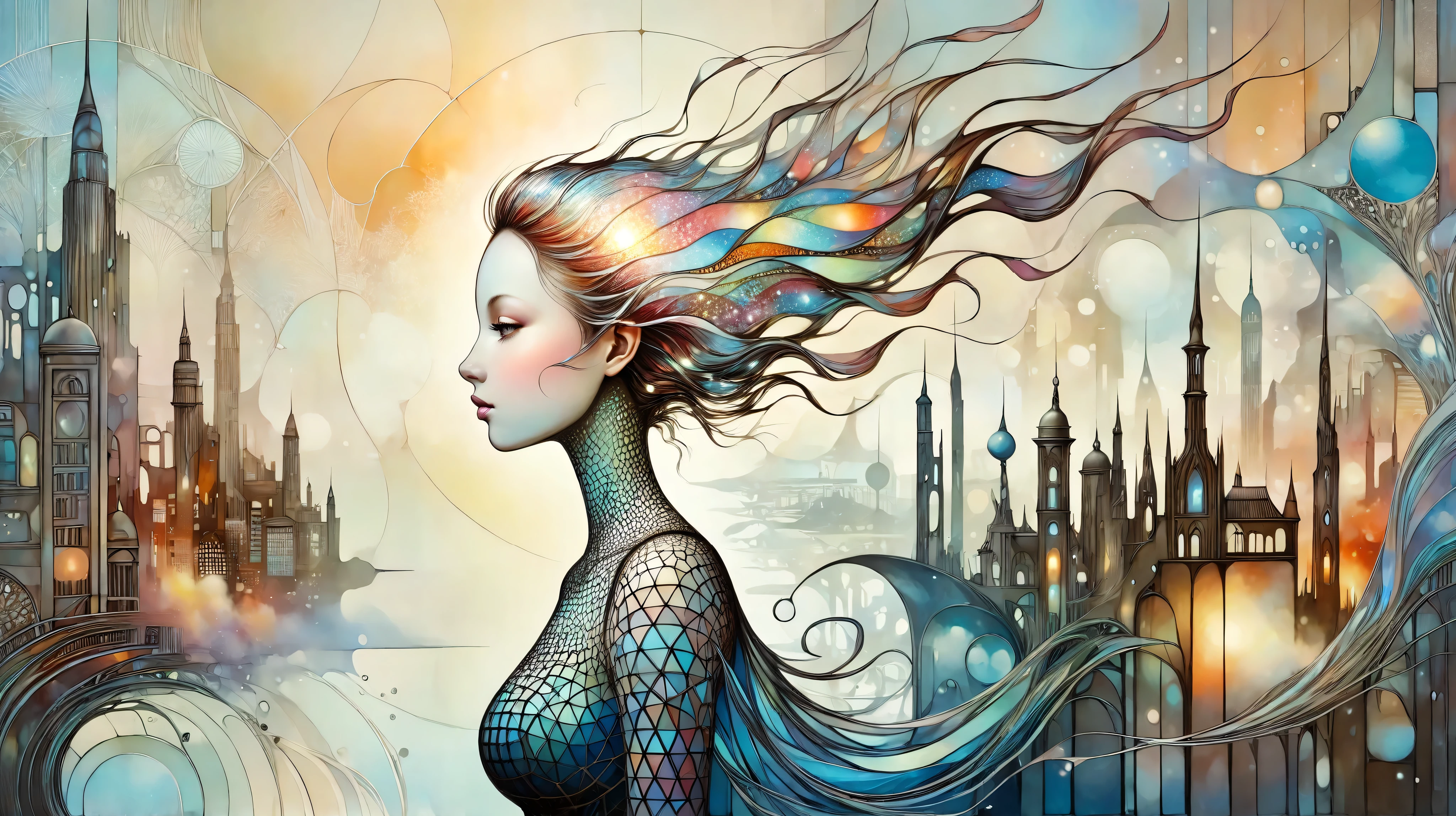 Picture a surreal female profile transforming into a futuristic cityscape, blending fantasy elements with a touch of the surreal. The image is highly detailed, inspired by the works of Catrin Welz-Stein, featuring a delicate balance between human and architectural forms. The buildings seem to emerge organically from her silhouette, merging seamlessly into her flowing hair. The color palette is a blend of soft pastels and vibrant metallics, creating an atmospheric effect. The lighting is ethereal, casting a soft glow on the scene, enhancing the surreal nature of the composition.