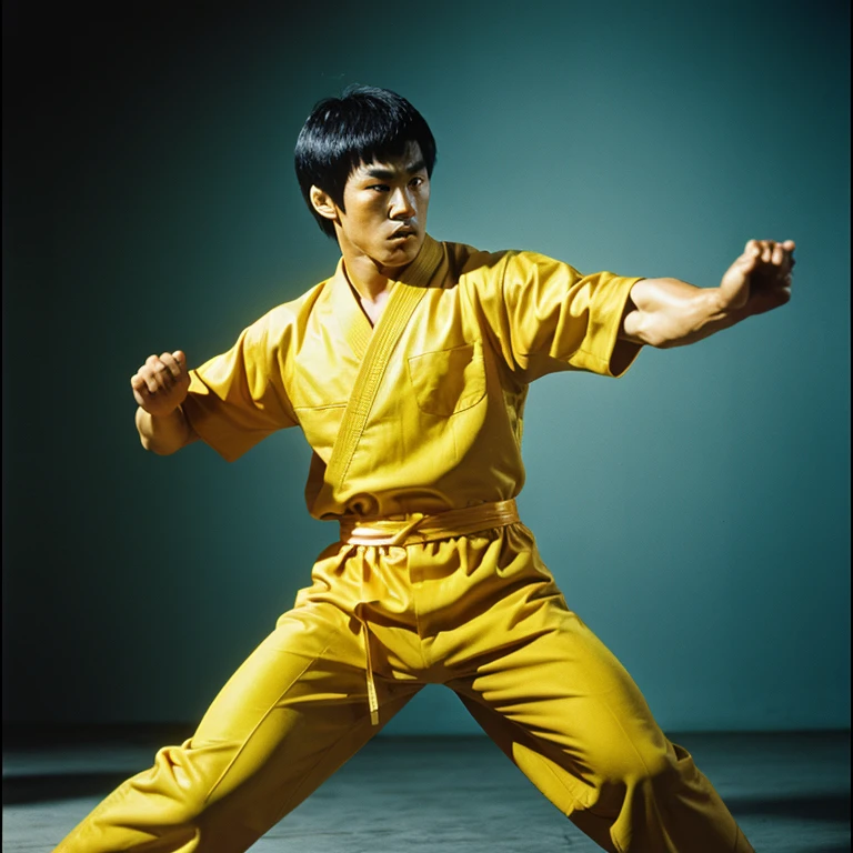 a man in yellow jump suit<lora:Enter_Dragon_v2:1> edblstyle