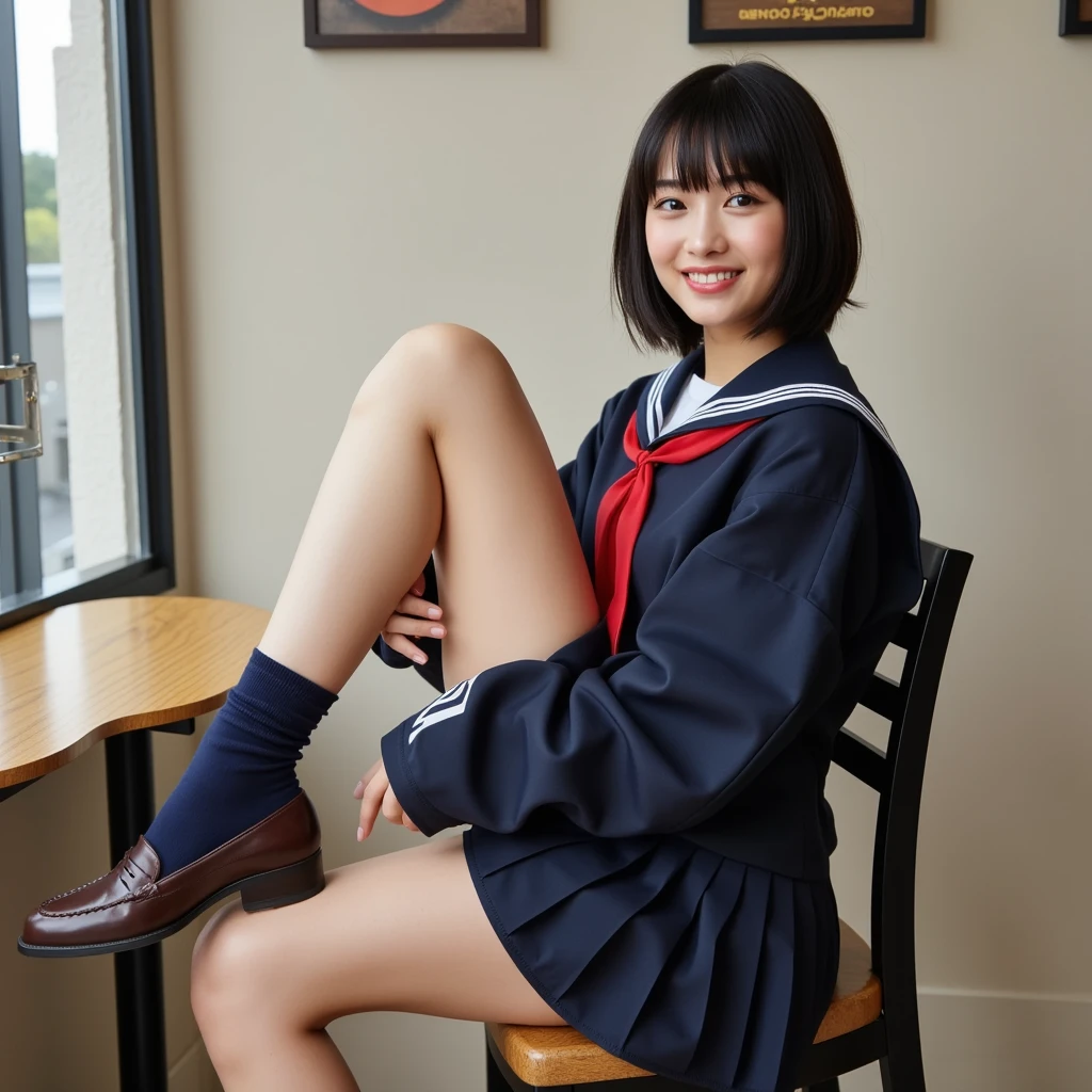 School classroom、Traditional sailor uniform、Short socks、Japanese high school students、Long Hair、, RAW shooting, One Girl, ((Straight from the front)),Soft lighting, high quality,  (Professional Lighting: 1.6), Japanese women, From ankle to head, Shooting from the feet, height: 160cm, Weight 50kg, (((Thin cotton white underwear is visible.)))、(realism: 1.8, Realistic),Looking into the camera, ((high qualityスキン: 1.8, Glowing Skin)), 8K Ultra HD,(Stunning beautiful face)、Perfect lighting,(Realisticリアルな肌の質感,Realistic, Realistic:1.1),
