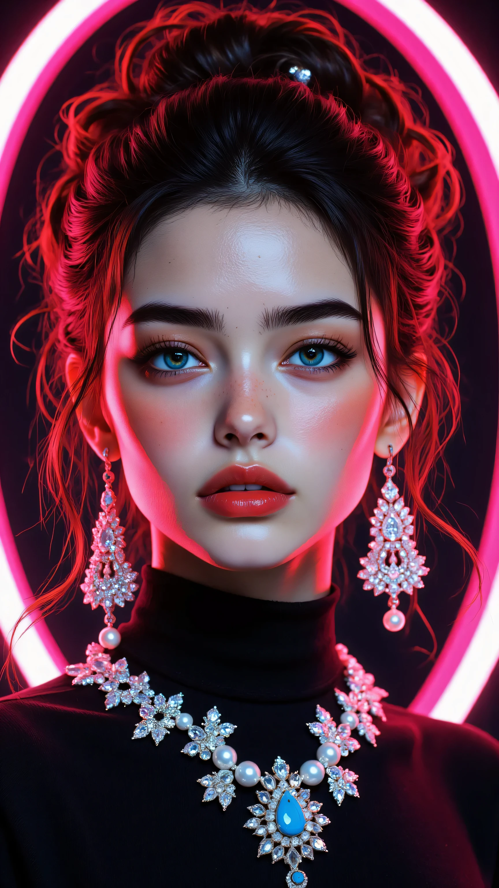 8k, Masterpiece, Top Quality, woman, close-up, brown hair, vintage updo, vibrant red lipstick, bold winged eyeliner, dark eyebrows, striking blue eyes, large diamond and pearl drop earrings, large diamond and pearl necklace, blue gem pendant, black high-neck top, dark background, vibrant pink neon oval frame, dramatic lighting, vintage and neon style.
