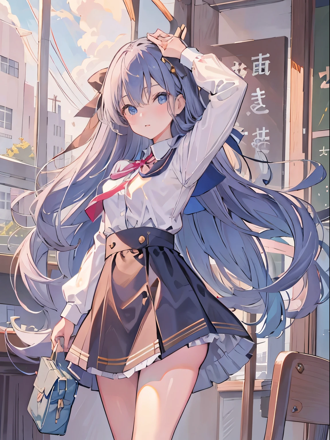 Highest Quality, Super Detail, schoolsgirl uniform, Gold, blue eyes, girl, cute girl, ribbon, long hair, loafer shoes, masterpiece, Delicate Accessory , schools, Classroom, standing, Official Art, Unity 8k 壁紙, Official Art, Unity 8k 壁紙.
