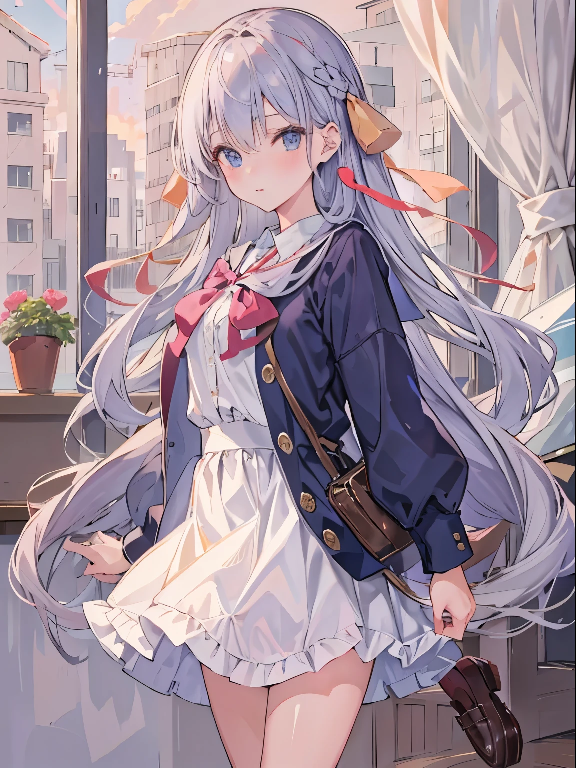 Highest Quality, Super Detail, schoolsgirl uniform, Gold, blue eyes, girl, cute girl, ribbon, long hair, loafer shoes, masterpiece, Delicate Accessory , schools, Classroom, standing, Official Art, Unity 8k 壁紙, Official Art, Unity 8k 壁紙.
