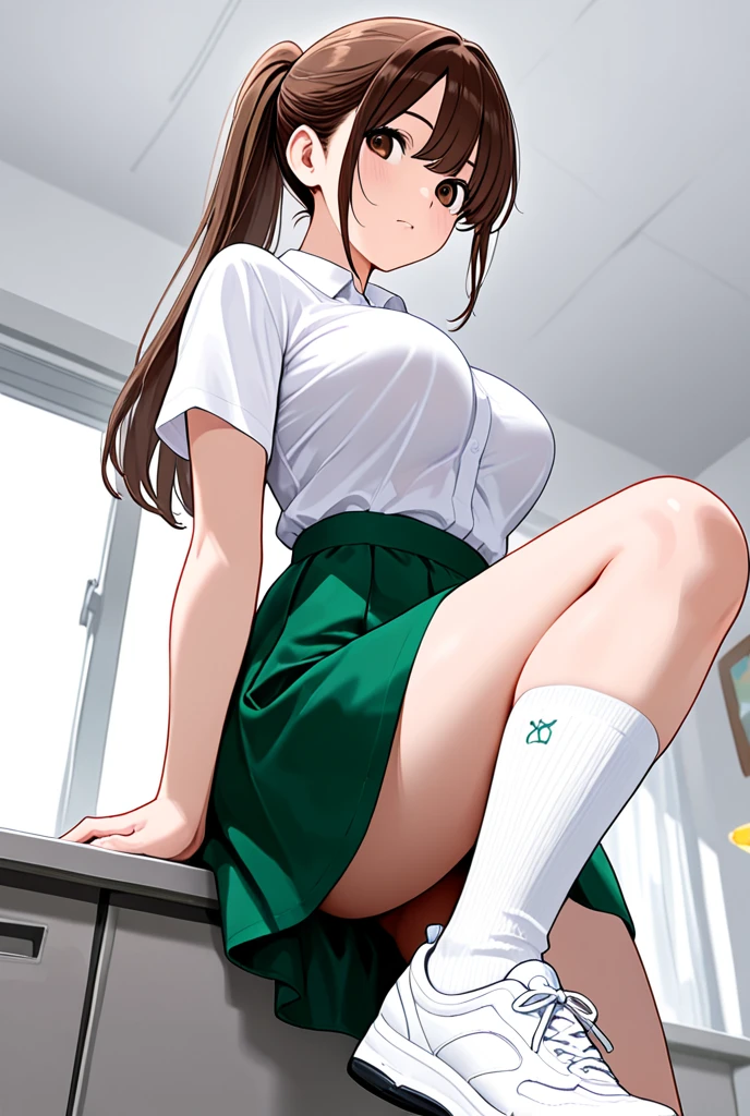 (masterpiece, high quality) 1 girl, business woman, chubby, latina, green hair, long straight hair, parted bangs, brown skin, light_dark_skin, tanned, brown eyes, dark eyes, sitted on a desk, spread legs, nsfw, no panties, office black skirt, white sweater, flirty, flushed, smiling, detailed eyes, big breasts, nsfw, no panties, spread pussy, vagina,