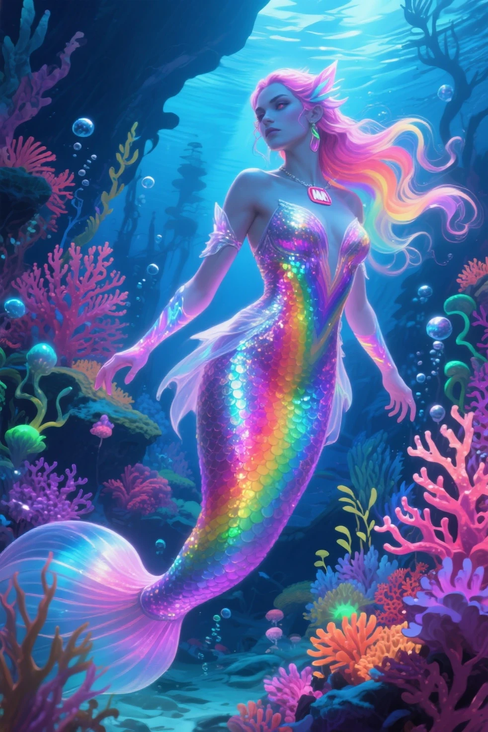 Beautiful big mermaid(fully body )rosa bioluminescente, floating,around you luminescent drops,Completely black background
