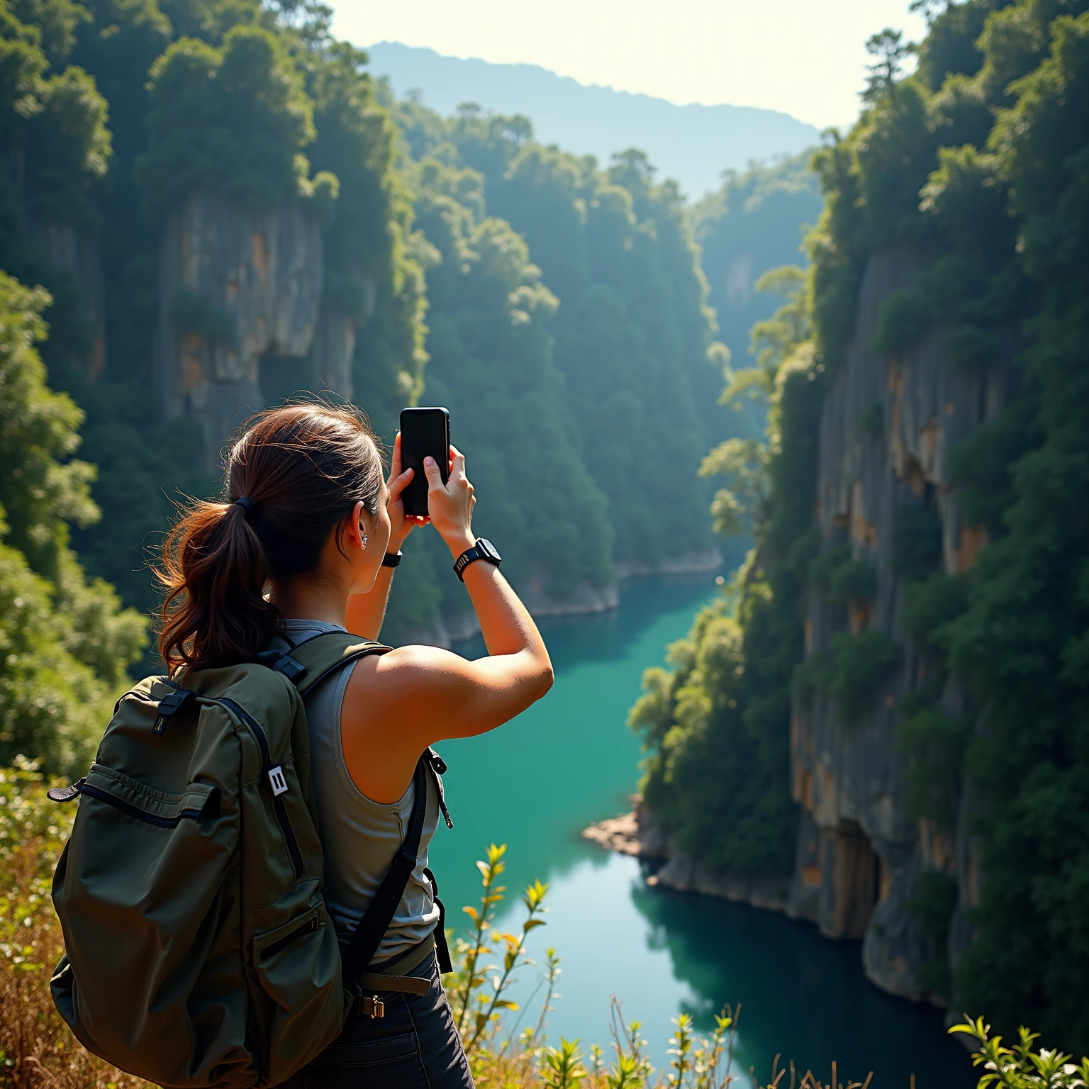 (masterpiece, High Resolution, Detail, Ultra high definition,  retina, best quality:1.2), a full body girl, Alone , taking a photograph of a beautiful landscape of a vibrant cliff of a thick tropical forest at the bottom of the cliff a beautiful river with crystal clear waters, she takes the panoramic photo with her iPhone 16x pro Max of exceptional photographic quality, The beautiful photographer is dressed in adventure-ready hiker's clothing 