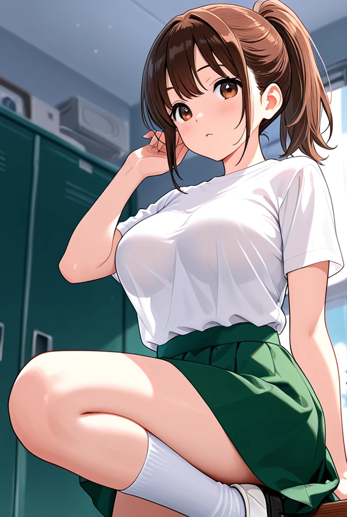 masterpiece、highest quality、One beautiful girl、Big Breasts、T-Shirts、green spats、Tuck a shirt into your spats、Grinning、Sweaty、Wet costume、Full body portrait、sneakers、locker room