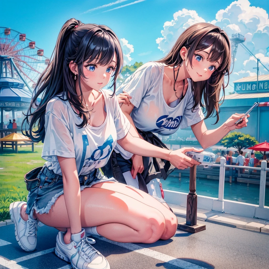 Photorealistic、Highest quality、Highest Resolution、Highest quality、8K、1人のBeautiful woman、Beautiful woman、Beautiful woman、hot、summer、smile、Smile、Upscaling、