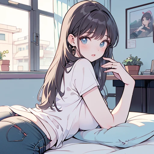 (highest resolution, distinct_image) The best quality, a woman, masterpiece, highly detailed, semi realistic, 21 years old, cute, young, beautiful, naked oversized t-shirt, shirt tug, collar on neck, indoors, modern bedroom, window, waking up, morning, blushing