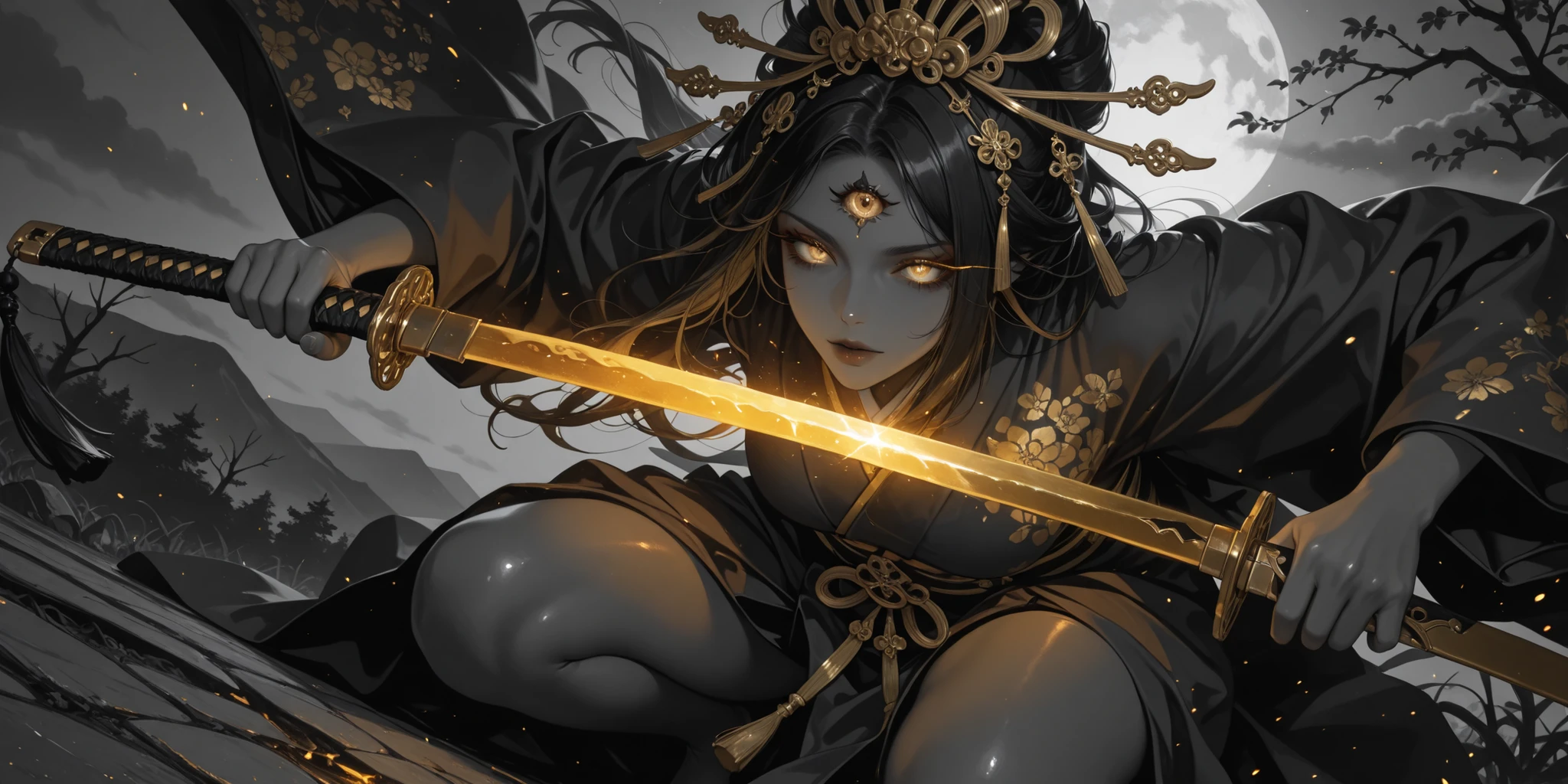 high quality,realistic,[female],[jiang shi],[chinese zombie],[chinese dresses],[qi pao],[talisman on head],[nighttime],[breast exposed], body shape,detailed eyes and face,long eyelashes,pale skin,ominous atmosphere,mysterious aura,classic horror,traditional attire,meticulous details,strong presence,blending of modern and traditional elements,powerful and menacing,ethereal beauty,delicate features,subtle shadows and highlights,sublime aesthetics,rich color palette, masterpieces, full body shot, moon light, sharp fangs, extreme detail, HD, cinematic CG, round-top tall rimmed hat characteristic of a mandarin
