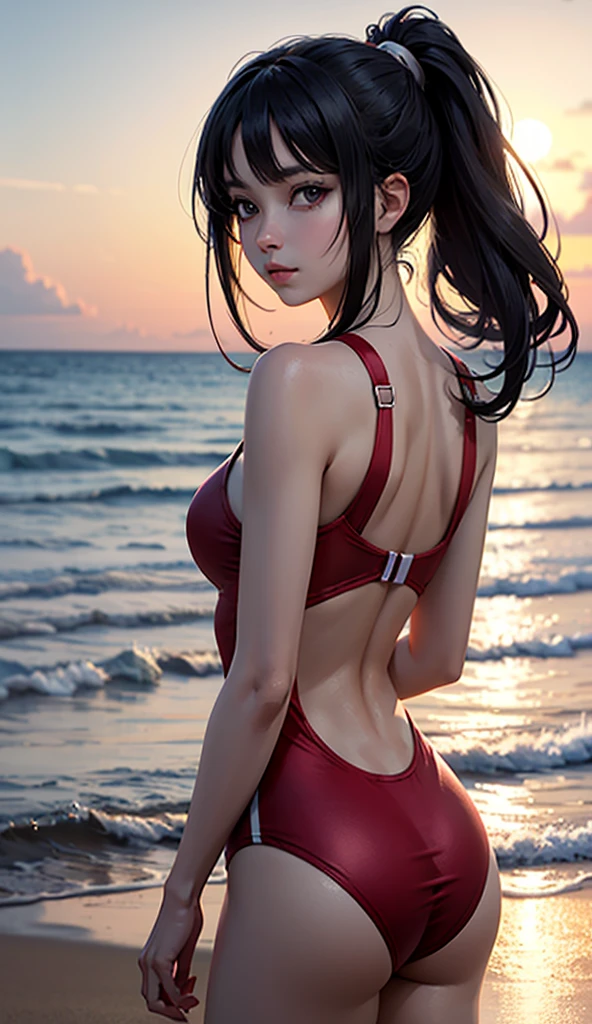 Caucasian woman, blue-black hair, wavy hair, long hair, bun hair; blue eyes, lined eyes, focus on blue eyes, shiny eyes; red lipstick, smile; athletic body, (medium breasts), ((nipples)), legs; (((red bikini))), ((cameltoe)); earrings, necklace, bracelets; on the beach, light sand, in the background you can see the sea and rocks; standing, ((back)), buttocks, ass, ((shot from behind)).