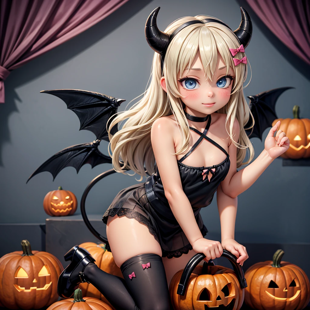 (masterpiece:1.3), (absurdres:1.3), (best quality:1.3), (ultra-detailed:1.3), (handled hair), pureerosface_v1, perfect anatomy, 1girl, solo, (yuzuki_choco, sleeveless, blonde hair, asymmetrical hair, teal eyes, no pupils, empty eyes, elf ears, large breasts, cleavage, glowing eyes), corruption, (crouch tattoo, tattoo on underbelly:1.2), cross-laced cutout, leotard, microskirt, navel cutout, black latex legwear, latex elbow gloves, choker, o-ring, (evil smile), (demon horns, demon wings, demon tail), dark aura, dark room, dungeon, underground