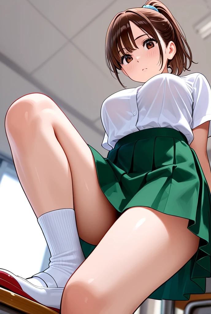 nsfw, ((((ultra detail pussy)))), In 8K, highest quality, real image, intricate details, super detailed, 超A high resolution, depth field,(Photoreal,realistic:1.2),masterpiece, 0.25 :: Close-up , shot from the front , from the middle , 1 girl, eat_Chan, very beautiful 17 year old girl, innocent big eyes, (Brown_short_hair), (green_eye:1.0),(front hair),dishevled hair,(hair clips), perfect shiny skin, perfect skin, fair white skin, Huge chest, cleavage, thin waist, light blush, solo, looking at the viewer, light smile, Perfect five-finger, beautiful hands、chubby under clothes、Sweat、 wear((School_uniform)、(white_skirt)、(green_length_tie)、(green_pleats_skirt)、(black_pantyhose:1.2)、 (sculpture installation:1.1)、 Sunset High School in Japan ,lift up the skirt with one's hands、Show white panties、Pull up your skirt and show your panties、Huge 、functional、Show white panties、Flip the skirt、skirt flipping、Roll up the scar with your hands、show pussy、Show off your pants with your own hands、Panty shot、barefoot、spread legs、spread legs、barefoot、wide open legs、Panties digging into the crotch、Raise one leg slightly,