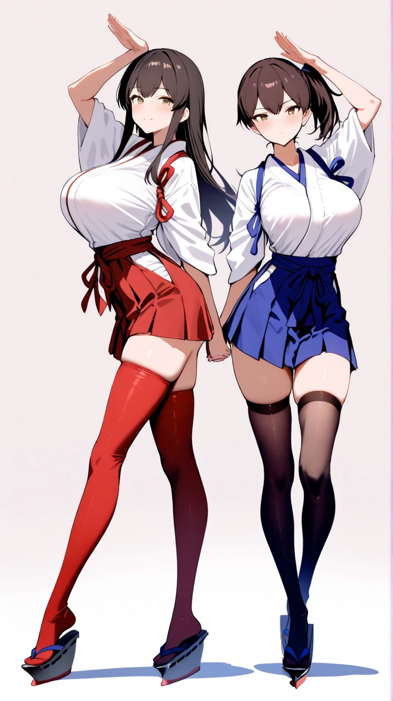 a masterpiece of two plump girls with cyan-blue colored hair, huge fuzzy hairstyle, parted-bangs, hazel eyes, and matching Sattela's uniforms with sexy lace accents, ribbons, and rainbow short skirts, wearing white thigh-high socks and black high heels, posing together with a seductive smile, flat color background, full body, ultra-detailed, (best quality,4k,8k,highres,masterpiece:1.2),ultra-detailed