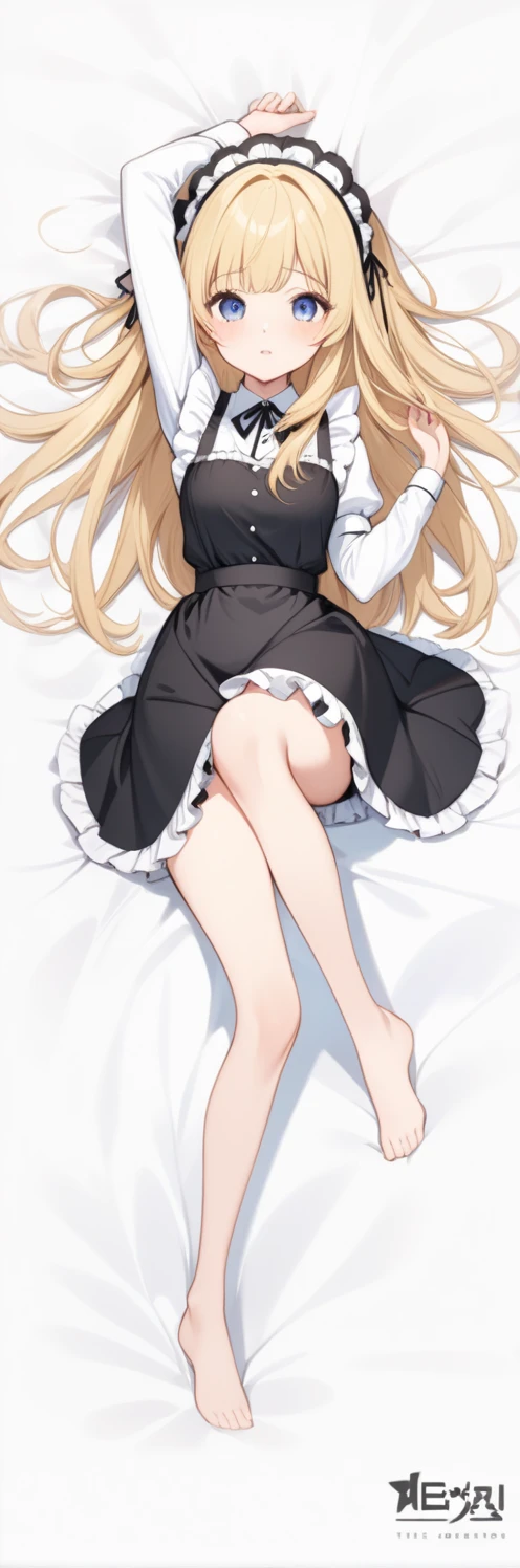 Beautiful girl wearing a cute dress and high heels is laying on a bed, looking flustered and submissive, full body, cute