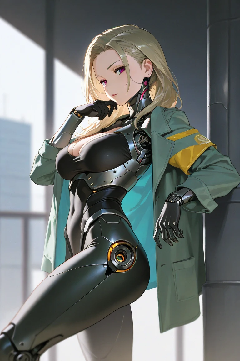 ToyoNoMiko, small breasts, earmuffs, blonde, yellow eyes, (yellow bodysuit:1.1), thigh highs, yellow gloves, blush, angry face, 1girl, solo, standing, luxirous wooden hallway, sweat, choker,