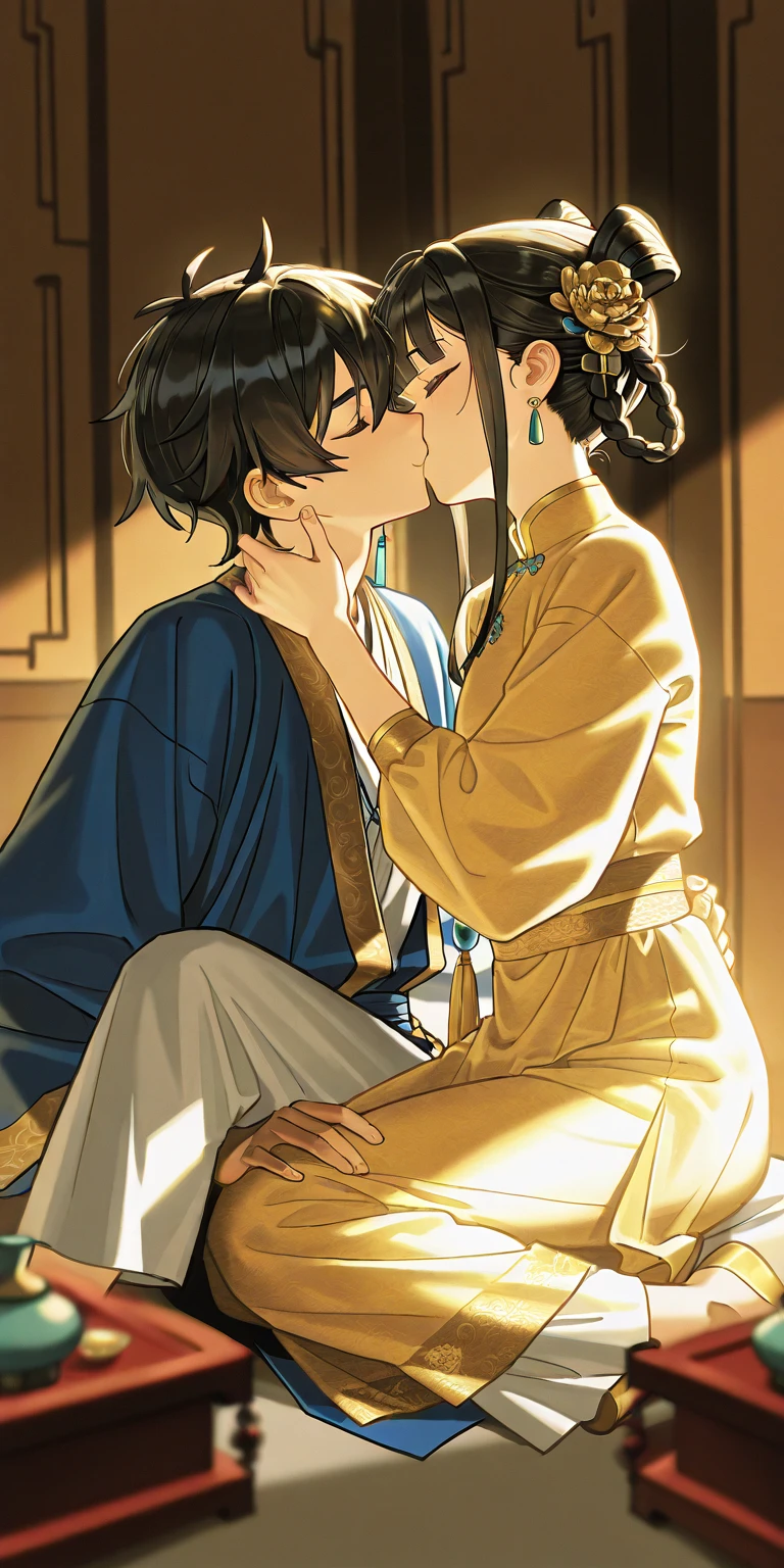 Period drama manga style A 15-year-old super beautiful Chinese girl with black hair in a bun cut(1 person) She is wearing a royal long-sleeved Chinese dress She is forced to be held by the perverted old emperor while facing each other and cries. She exposes her nipples and wrestles with a man while he inserts his penis into her pussy and starts having sex She wraps her legs around the man
