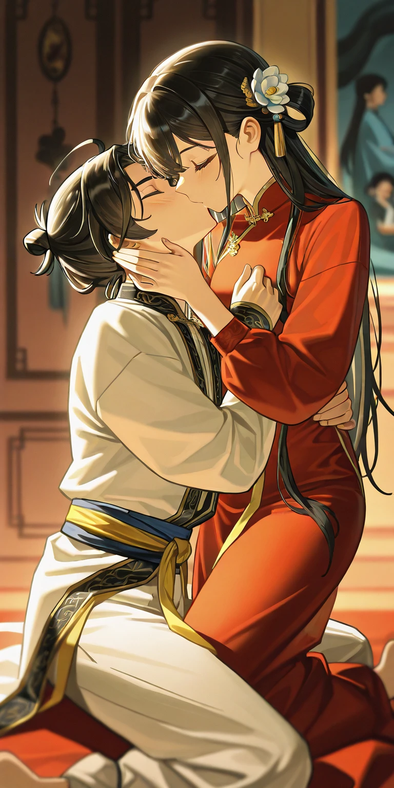 anime artwork, score_9, score_8_up, score_7_up, score_6_up, score_5_up, score_4_up, hu tao, she is 24 years old, style_3, sitting,,,,,,,,,, , 1boy, zhongli, breast grab, they are kissing, indoors, floox style, nude,naked
