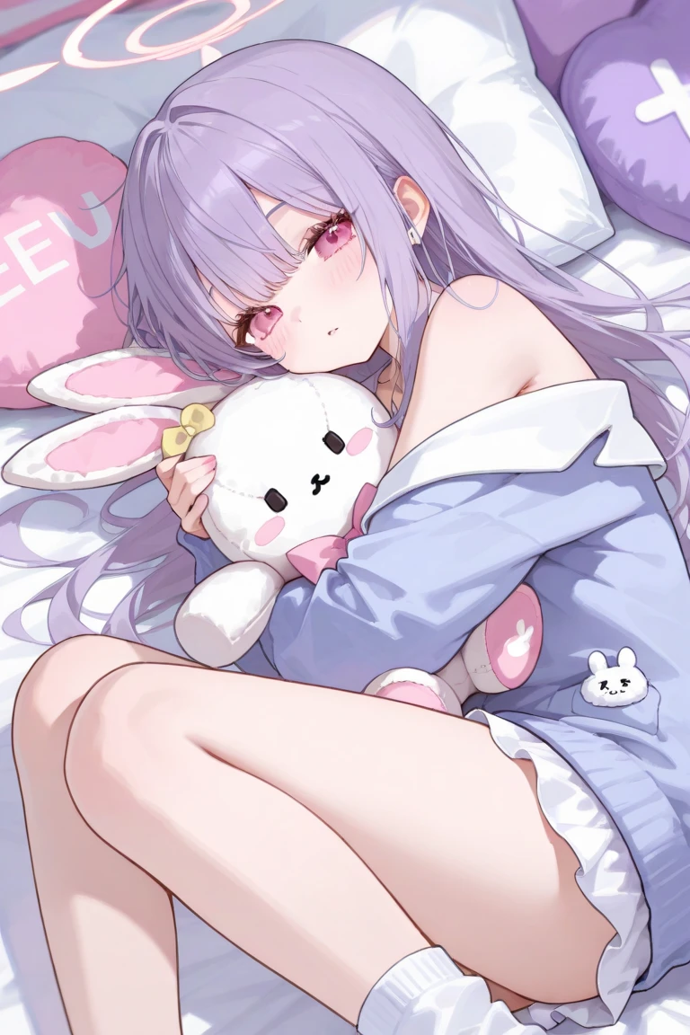 Close-up,Highest quality, Ultra Detail, High-quality CG rendering, The most delicate and beautiful, Floating softly, High resolution, (1 girl), (Highest quality,4K,8k,masterpiece:1.2) ,Light purple hair,(Bunny ears:1.5),(Long Hair:1.4),Red eyes,(Completely naked:1.5),room,Upper Body,(Collapsed in bed:1.5),Defeated,,(Slightly larger breasts:1.2),Sleep,Are sleeping,(front:1.2)