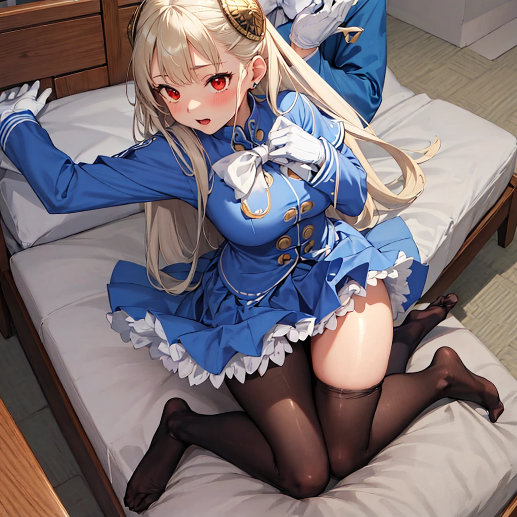 Masterpiece, best quality, high resolution, high heels, (Ingrid), hair pods, gloves, skirts, (((panties under black pantyhose))), bows, dresses, (lying, spread legs, imminent vaginal, sex, missionary, face to face, pov), (nsfw:1.5), aroused, closed eyes, open mouth, (blush), ((nature))