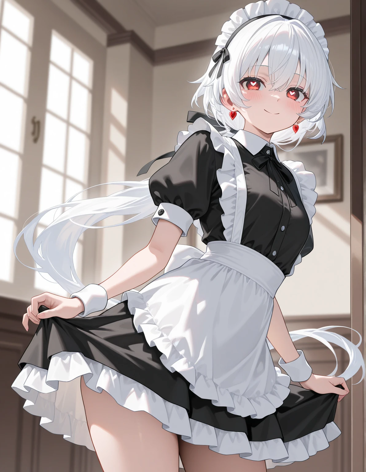 highest quality、masterpiece、((1 girl))、((smile:1.5))、(blush:1.5)、black shirt、blouse、((fun!!))、(small breasts)、(dog ears)、(silver hair)、()、((white apron:1.5))、((maid))、((hair ornaments)),、Kamimei、look at me、 ((in house:1.5))、 Take a break to watch the audience、((shaved pussy:1.5))、(highly detailed closed labia:1.5)、((Peeing is occurring:1.8))、peeing、light blue eyes、long hair