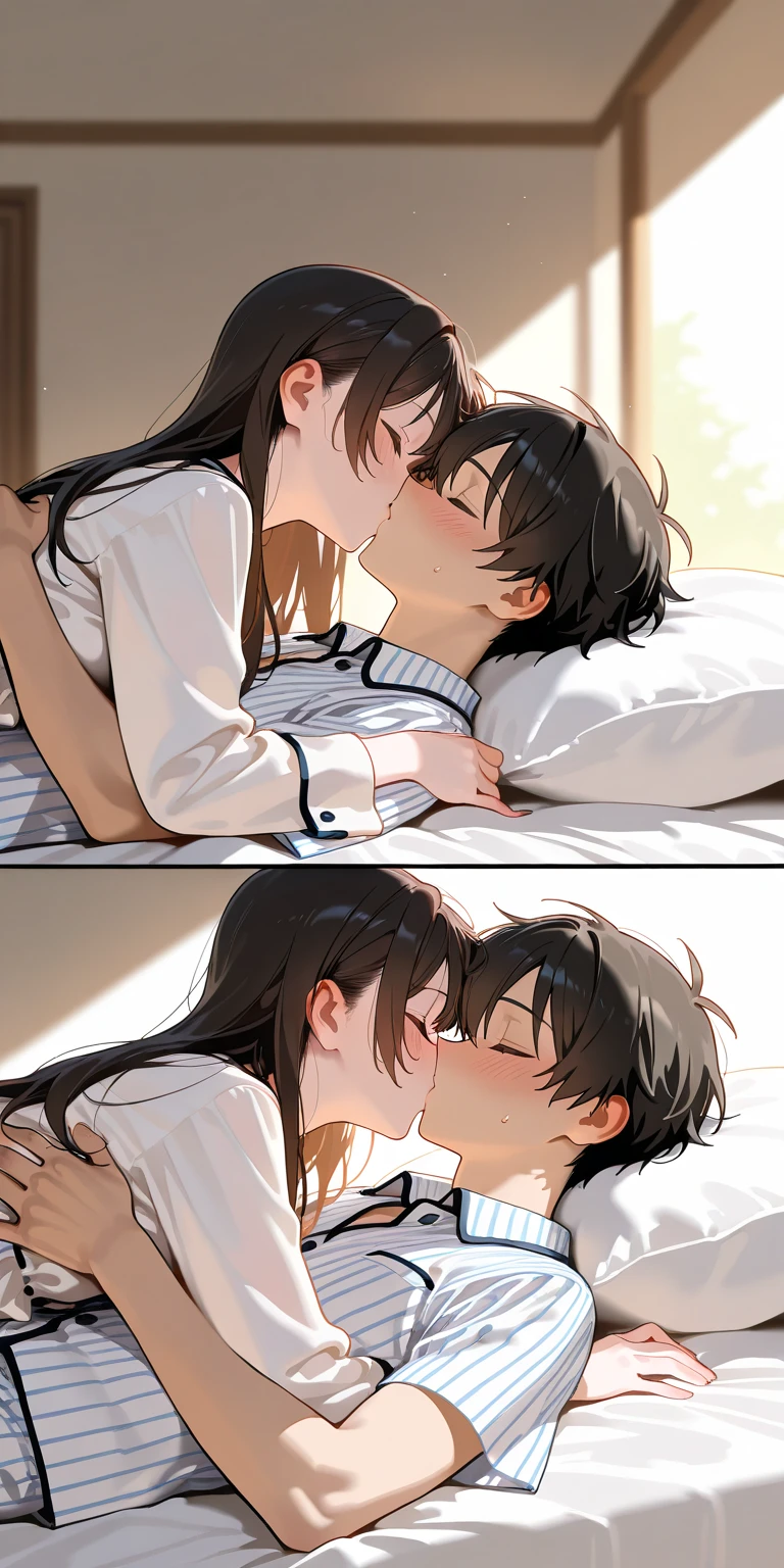 score_9, score_8_up, score_7_up, source_anime, 1boy, 1girl,  female, mother and son, kid, h kiss, Kiss with tongue, hot kiss, Kiss wet, hand on head, lying on the bed, no clothes