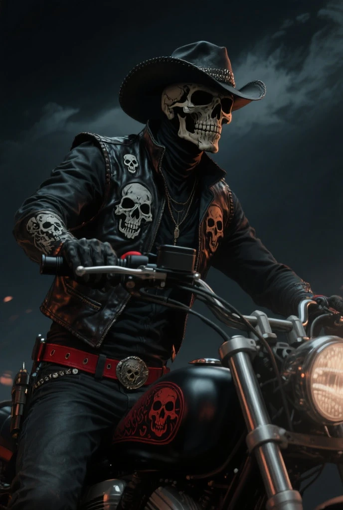ghost biker, skull on fire, beautiful black leather jacket with shiny iron spikes on the shoulders, skull smiles.