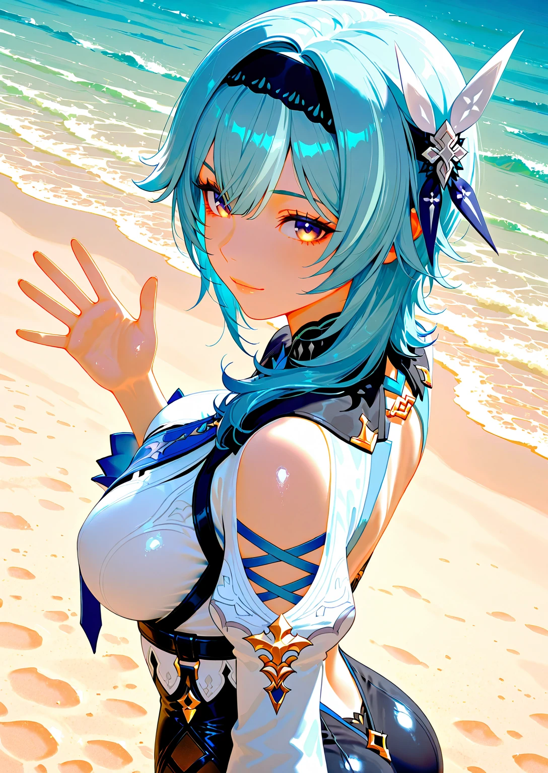 Image haute définition d'une créature ultra sexy, une beauté indescriptible moitié humain moitié pokemon légendaire, corp sensuelle, proportion haut et bas de corps parfait, regard attractive, plume multicolores qui bouge avec le vent sous un soleil et sous ciel bleu splendide dans une tenue tres peu couvert