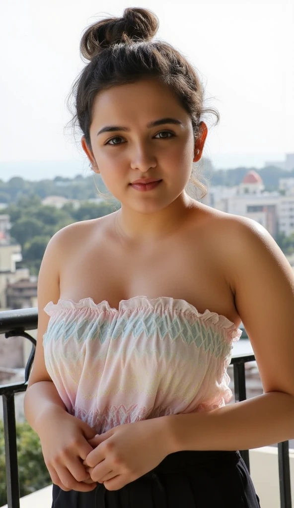 (Emily01), RAW photo, a close up portrait, elguru, 15yo, brown_hair, eyelashes, forehead, hair_bun, hair_pulled_back, lips, looking_at_viewer, ponytail, blue_eyes, lips, wearing a dress, photo_\(medium\), photorealistic, realistic, smile, solo, (high detailed skin:1.2), 8k uhd, dslr, cinematic lighting, high quality, film grain, Fujifilm XT3,