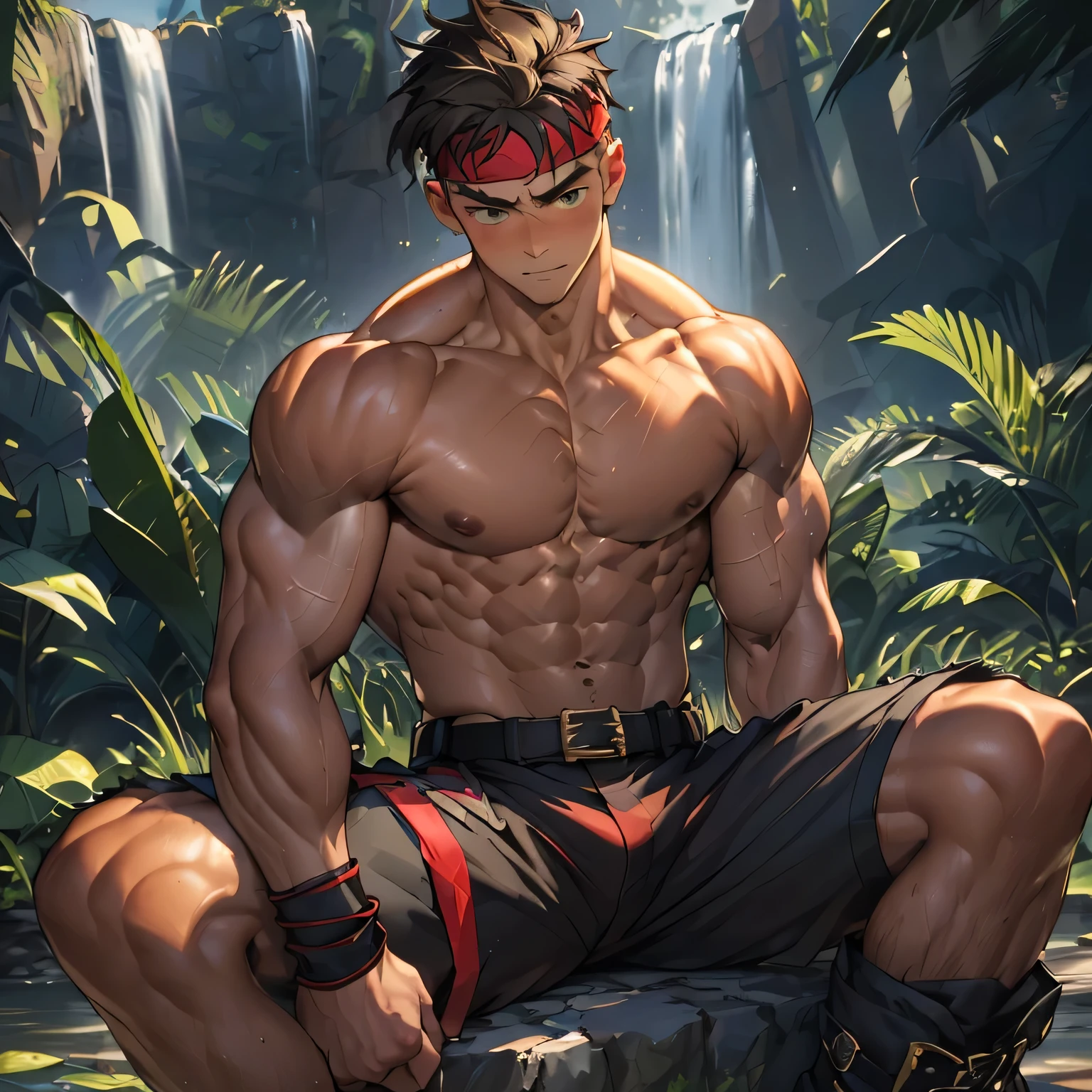 ((masterpiece, best quality, Score_9, Score_8_up, Score_7_up, Score_6_up, Score_5_up, Score_4_up)), (((((random background, deep night, Young handsome guy, topless, Shining Body, steam, fighting, action))))), (Gentle expression, smirking, muscler), ((((1boy, solo, flesh, tough, reliable, developed body, toned body, Small nipples)))), (warm eyes, dark green eyes, Dark brown Short straight hair, ((almost completely shaved hair)), under cut), (((red headband, black wristband, belt, boots))), Vivid colors, ((big shoulder, muscular body, sturdy body, defined fleshy pecs, defined fleshy ABS, toned weist, shouldermuscler)), muscler!, muscler body, detailed face, detailed muscle, rippling muscles, aura stream