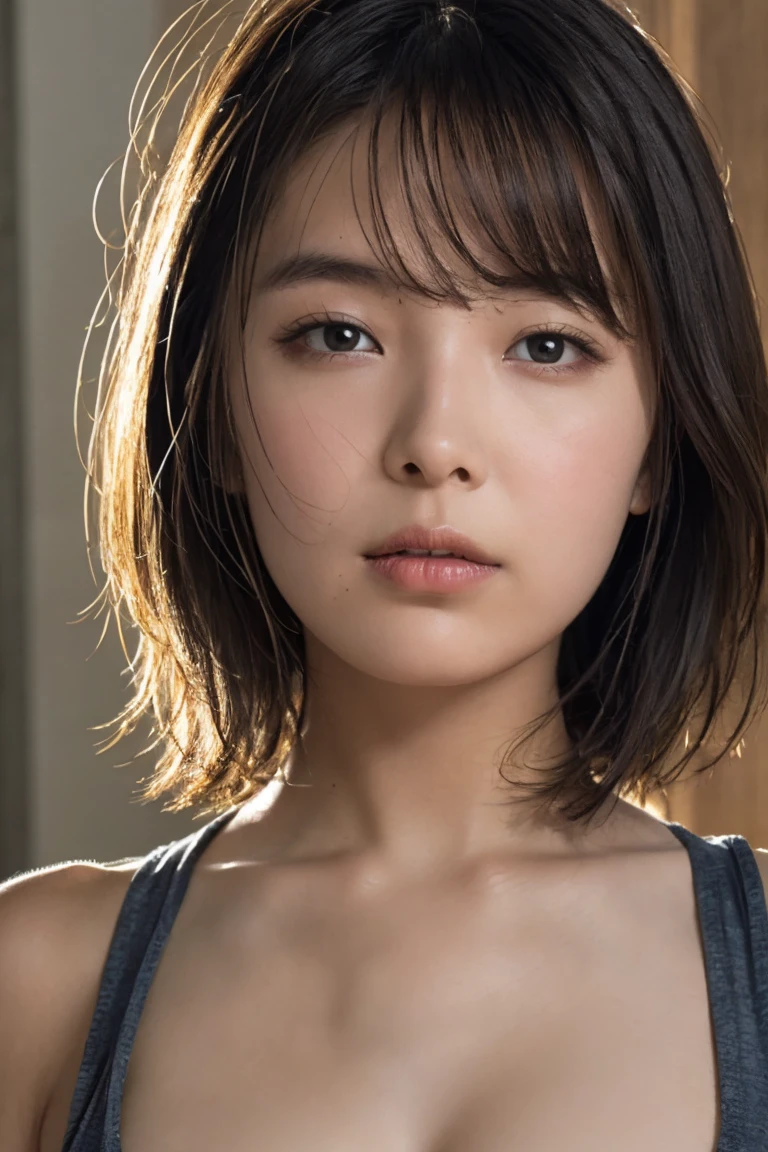 Mask it、White wall、Close-up of an 18-year-old woman wearing a blue top、Roll up your blue top、Dark Eyes、A faint smile、Medium Short Hair、Yoshitomo Nara, shikamimi, Chiho, mayuri shiina, A real young gravure idol, beast, , Kotegawa Yui, 8k、narumi kakinouchi