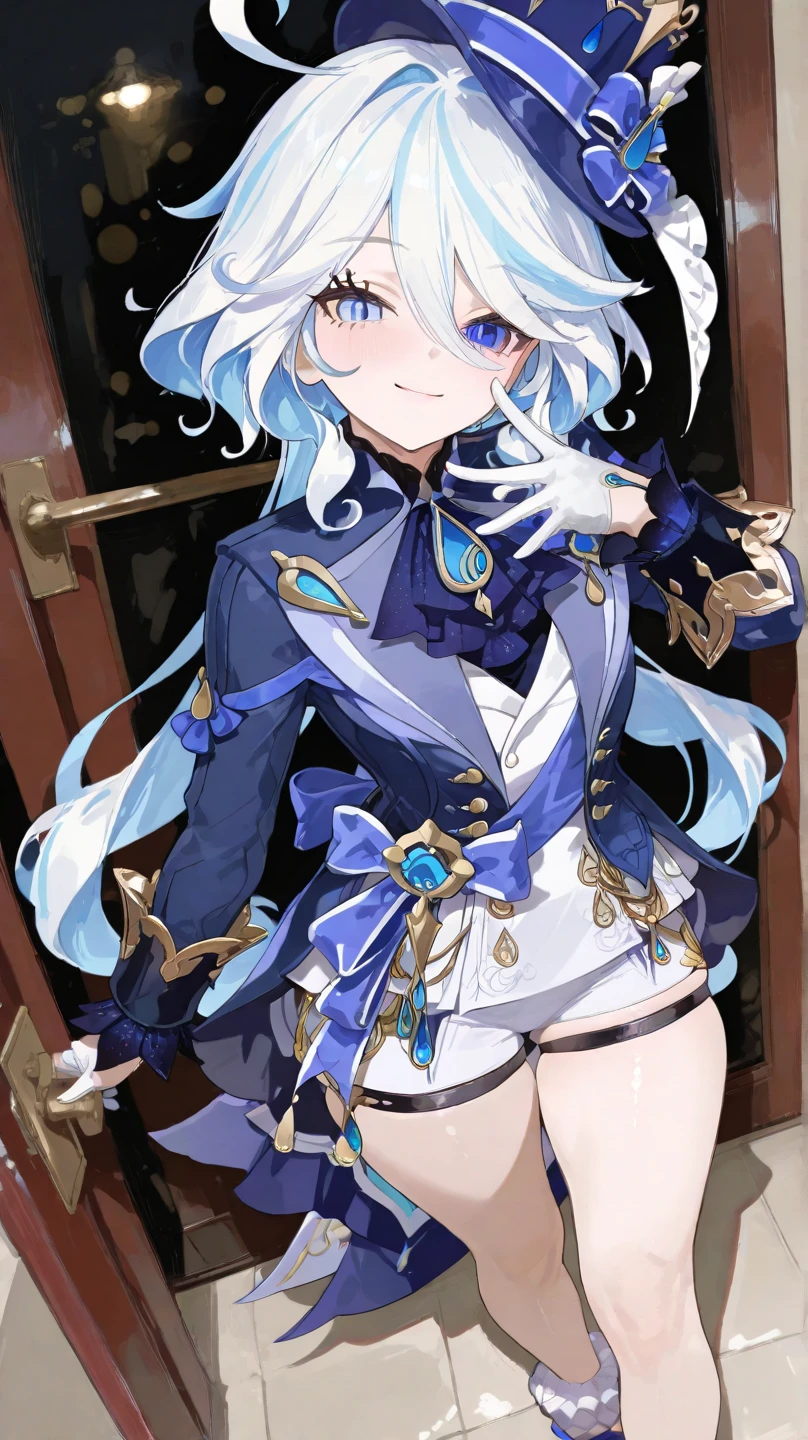 masterpiece, best quality, very aesthetic, absurdres,1girl, ,furina(genshin impact), heterochromia,bule hair,blue eyes,hat,ascot,brooch,long sleeves, jacket,blue bow,gloves,white shorts, thigh strap,1girl,cowboy shot, (contempt, disgust,shaded face,looking at viewer,frown),(from below,lifting skirt,panties),,in a lift, in a elevator,floating_hair