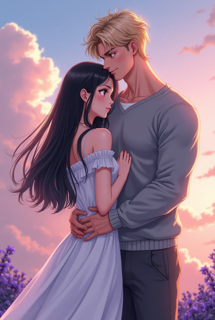 Chris Hemsworth, carrying in his arms a beautiful woman with long dark hair, the woman has amber eyes. The scene around is beautiful, sunset, rose garden, romantic scene.