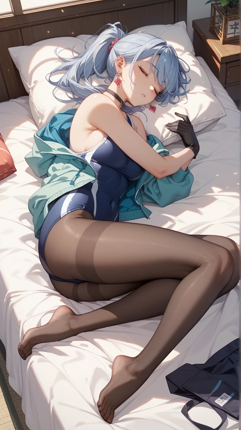1 girl, Princess Zelda, blonde hair, short hair, blue eyes, soft, soft light, delicate, frills, vagina, dripping wet cum, (small breasts, exposed breasts, nipples), frilly, frilly socks, filigree, choker, ruffles, blue and white, bed, (flirty, soft smile, gentle smile, spread legs), laying on bed, messy hair, laying down, feet kicked up, parted lips, sexy pose, open mouth, happy, bows in hair, skintight bodysuit