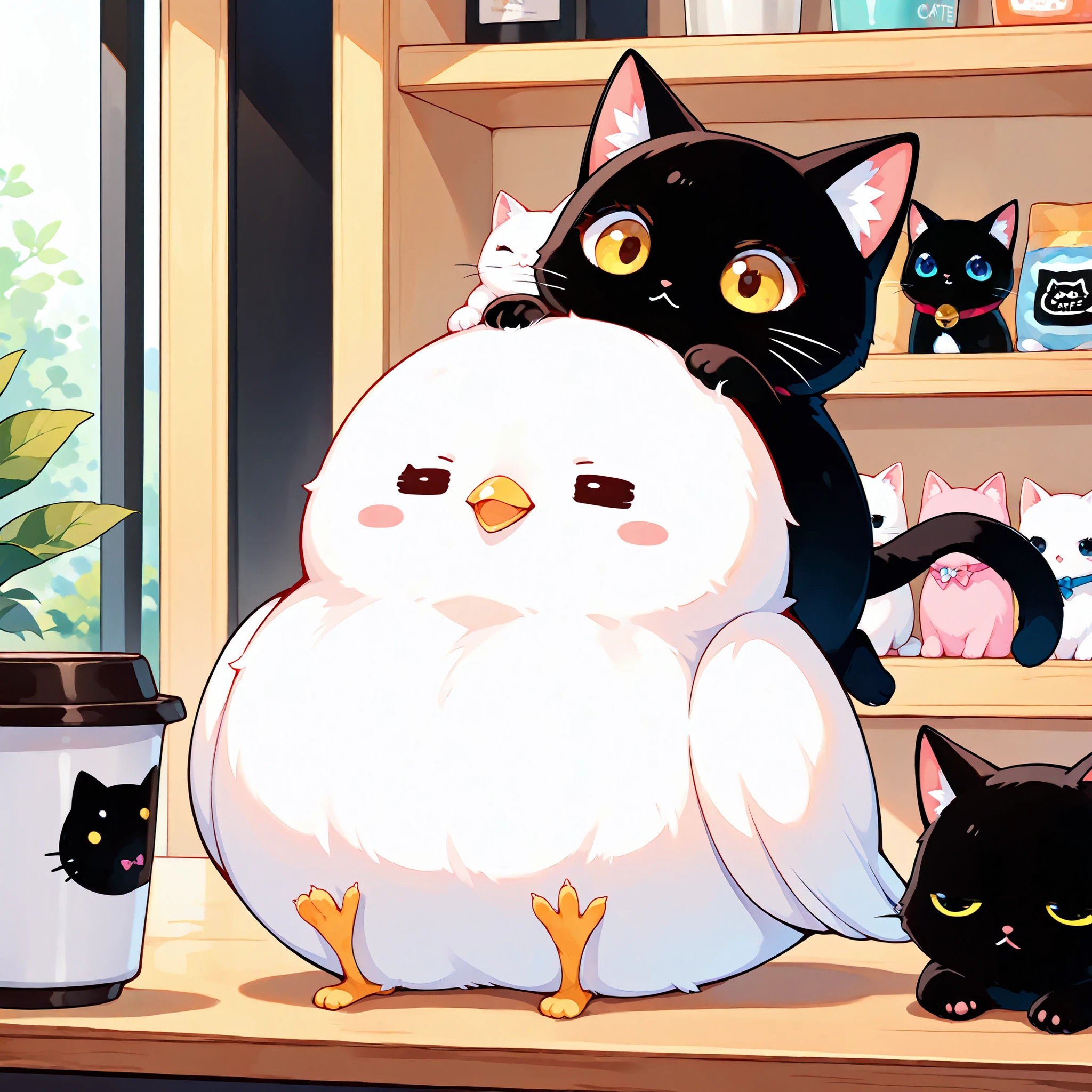 Masterpiece,Best quality, ultra detailed,Japanese Anime style, (pure white sparrow mascot) , round body, fluffy body,simple face, cute appearance, in the Cat cafe, fluffy black kittens, lined up, cat toys,