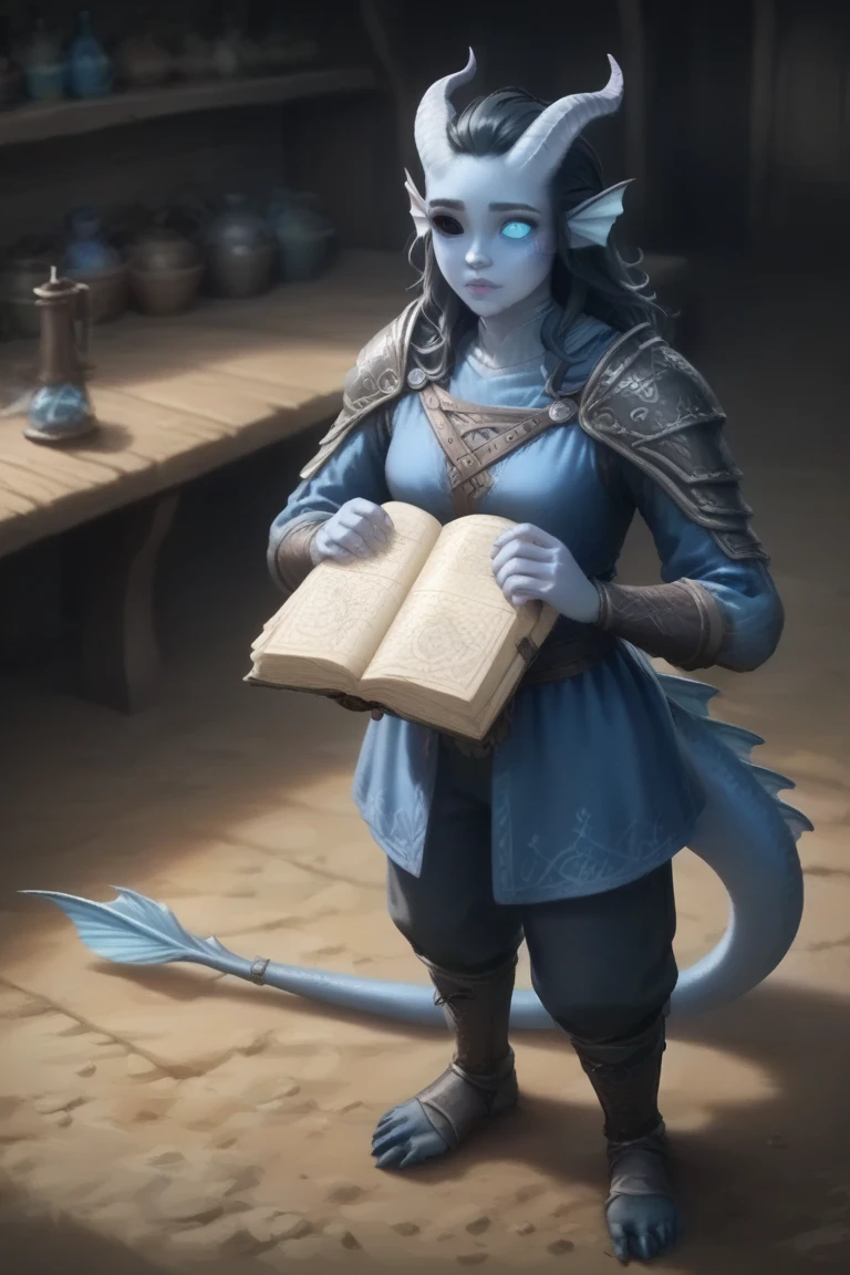 (1woman, female, solo), (Tiefling), (dark pale blue skin:1.5), (tall, slander tail, horns), (athletic, calm face), (long grey hair, long haircut),
(Dungeons and Dragons, character), (Sorcerer),
(black jacket, black pants, boots, gloves), (holding object, holding book and knife),
(wizard home background),
8K, RAW, best quality, ((masterpiece, best quality)), ultra high res, colorful, (medium wide shot), full body, (dynamic perspective), sharp focus, (depth of field, bokeh:1.3), extremely detailed eyes and face, beautiful detailed eyes,