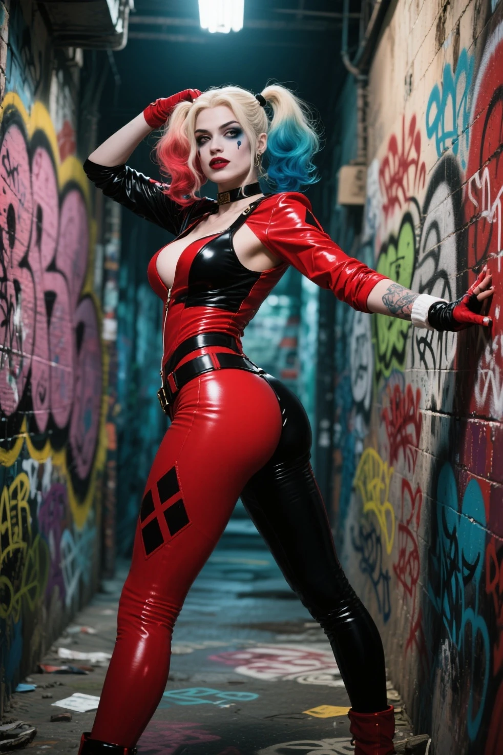 Lady Gaga as a Harley Quinn. A sexy Harley Quinn from DC Comics. High-resolution artwork, vivid colors, and sharp focus. Extremely detailed face with beautiful eyes, detailed lips, and long eyelashes. Emphasize her mischievous grin and playful expression. She is wearing her iconic red and black jester outfit, with a mini-dress, fishnet stockings, and black boots. Her outfit should be vibrant and eye-catching. The background should be a dark and moody Gotham City alley with hints of neon lights and graffiti. Captivate the essence of her character, her both seductive and dangerous. The artwork should have a comic book style, with bold lines and exaggerated features, sexy, naughty, rear view