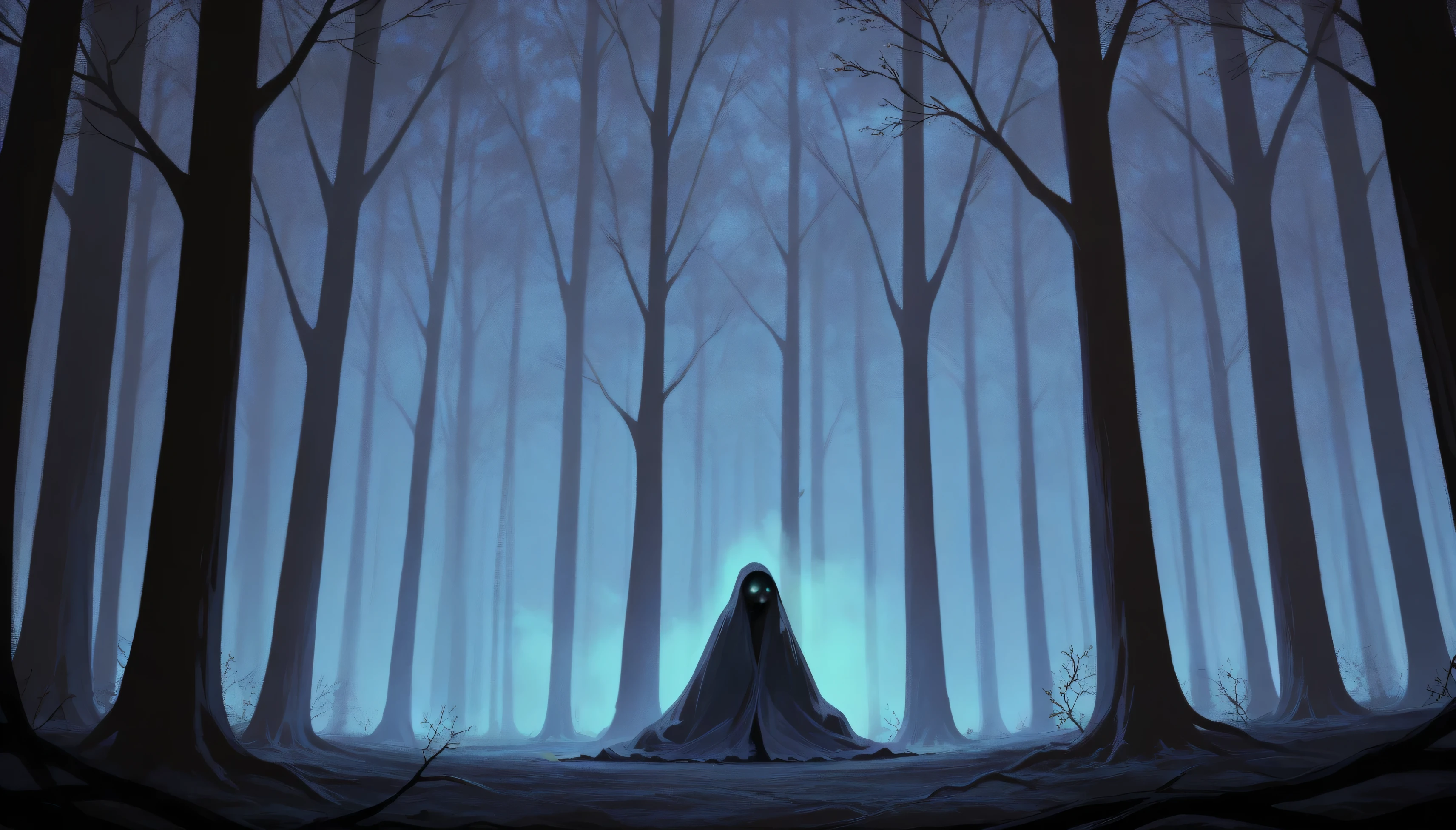 A dense, foggy forest at night, Gnarled, leafless trees with twisted branches create a claustrophobic canopy. Thick fog blankets the ground, obscuring roots and scattered bones. Faint moonlight filters through, casting pale blue and gray hues. The atmosphere is tense and oppressive. Subtle details: claw marks on trees, tattered cloth caught on branches. Muted colors: dark blues, grays. Painterly style, inspired by horror films like The Blair Witch Project.