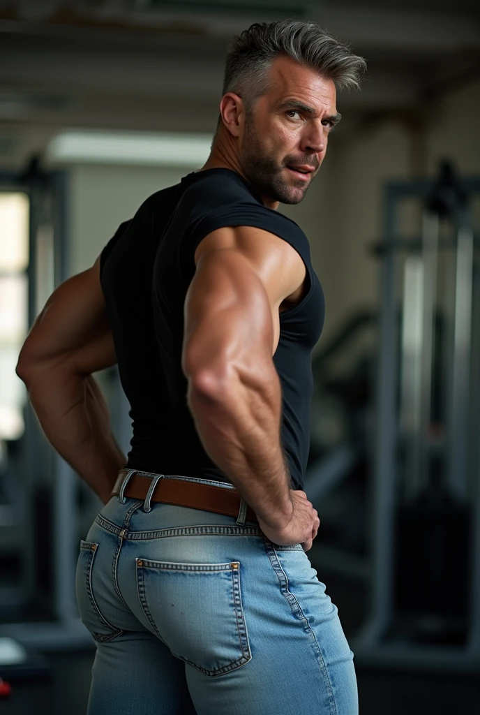 realistic photo of  muscular and masculine man, 40 years old, full body, mustache,  detailed face. In the gym.  tigth black short jeans .backside