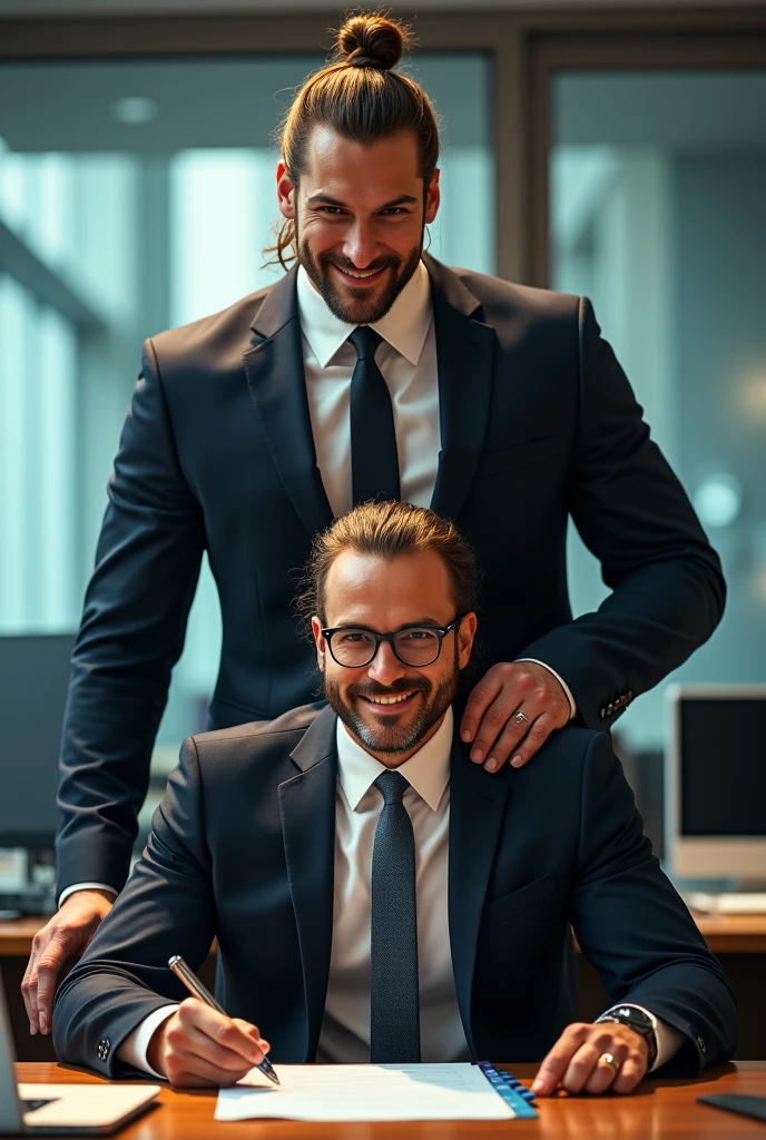 (2heads), skinny 38 year old man with frail physique, blonde, brown hair, stubble, wesring office attire, open shirt, working on computer, concentrated, cubicles background