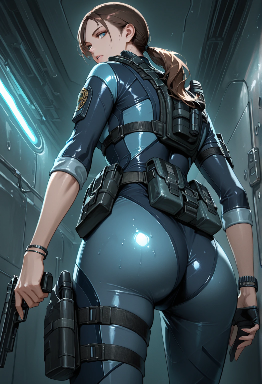 (La mejor calidad,A high resolution,Ultra - detallado,actual),Ella Purnell linda y nerd, (Ingrid Bergman:Gillian Jacobs:0.5), pelo ????? ondulado atado en una cola de caballo, (wearing a blue vault suit from Fallout 4 with lots of details and slits), Cara de alto detalle, Piel de alto detalle, seductive expression, cuerpo perfecto, proporciones perfectas, a nuclear wasteland background with scattered ruins, alta calidad, Obra maestra, foto realista, intrincadamente detallado, 8k, hdr, poca profundidad de campo, luz amplia, alto contraste, Iluminar desde el fondo, Sharp focus, Foto en color crudo, Looking to the camera, cold colors, dynamic poses, (al estilo de Fallout 4:1.4) , (Detalles de la cara: 1.5, ojos azules brillantes, hermoso rostro, ojos bonitos, Contorno del iris, labios delgados: 1.5, Thin, sharp pale eyebrows, Long, dark eyelashes, double tabs),(Ella Purnell:1.4), (Ella Purnell V2.1), (Fallout V2.1), (rear view, backside view),(Obra maestra: 1.4), (8K, realista, foto cruda, La mejor calidad: 1.4),